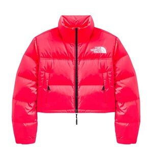 The North Face Women’s Nuptse Cropped Puffer Jacket in Coral 700 Down Fill Small